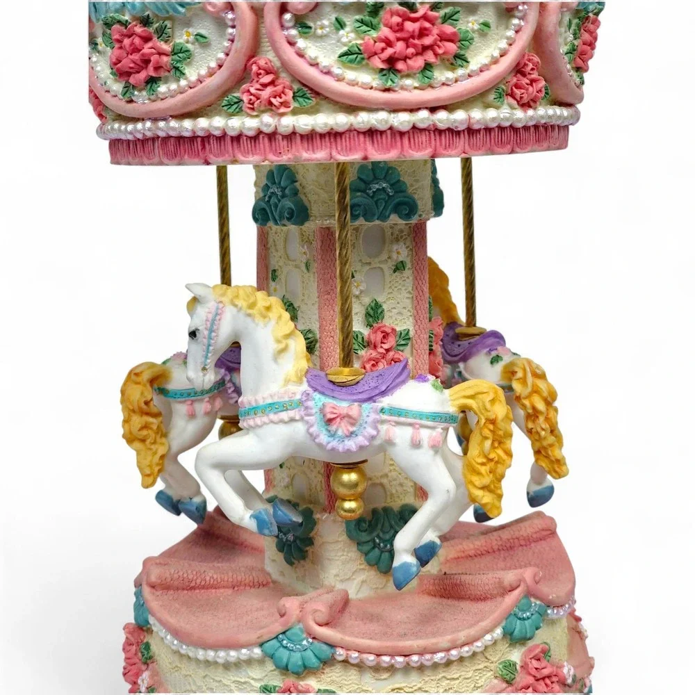 Musical Rotating Carousel Horse Music Box Plays Carousel Waltz Pink Floral